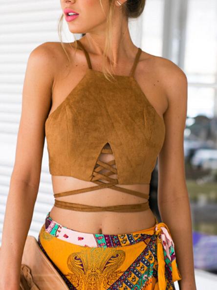 Shein Camel Slip Lace Up Zipper Back Cami Top