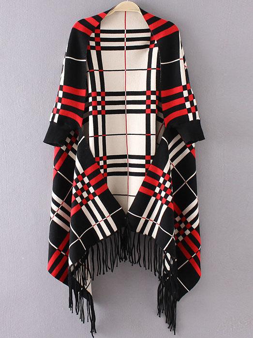 Shein Black Plaid Fringe Hem Poncho Sweater