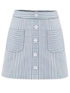 Shein Buttoned Pocket Front Striped A-line Skirt - Blue