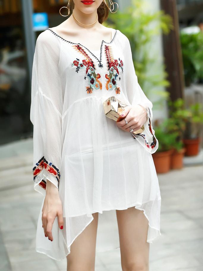 Shein Flowers Embroidered High Low Sheer Dress