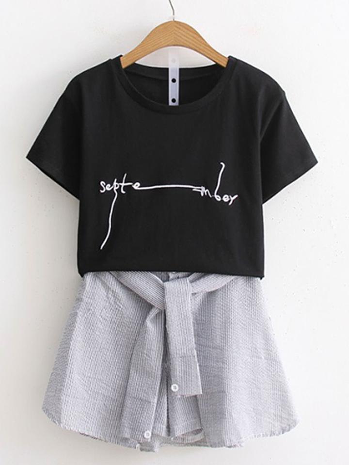 Shein Crop Tee With Knot Front Skirt Shorts