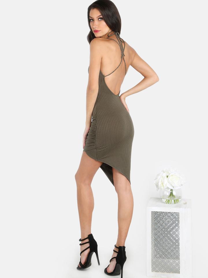 Shein Ribbed Halter Asymmetrical Mini Dress Olive