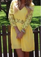 Rosewe Long Sleeve Yellow Lace Splicing Mini Dress