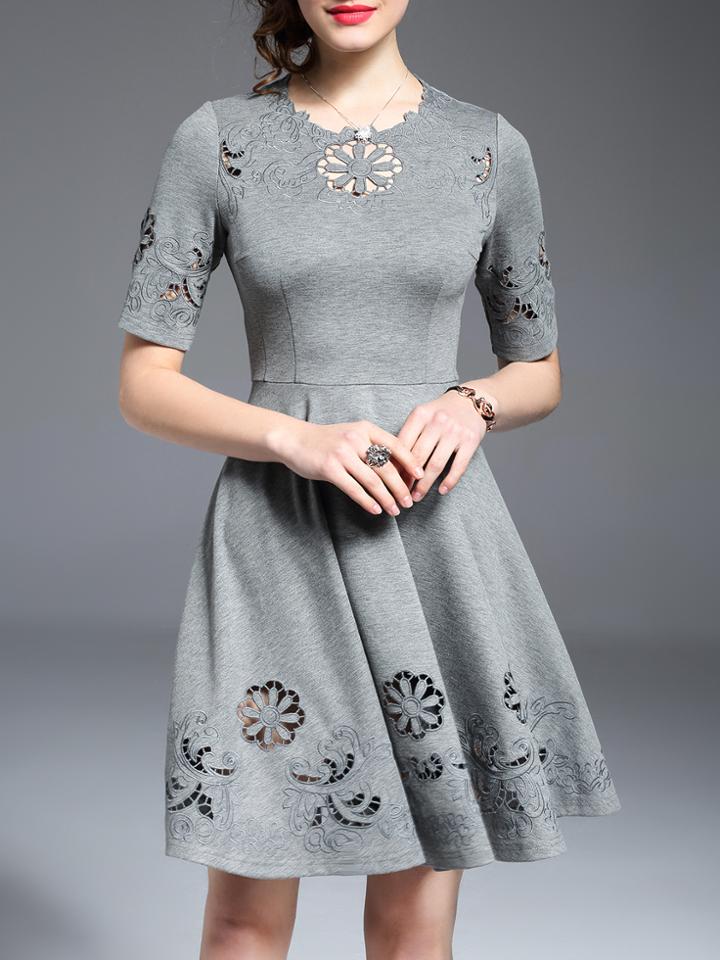 Shein Grey Hollow Embroidered A-line Dress