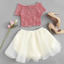 Shein Off Shoulder Stripe Top & Mesh Skirt