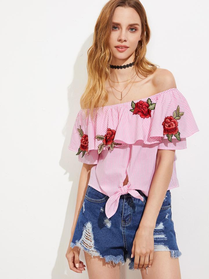 Shein Embroidered Rose Applique Knot Front Striped Bardot Top