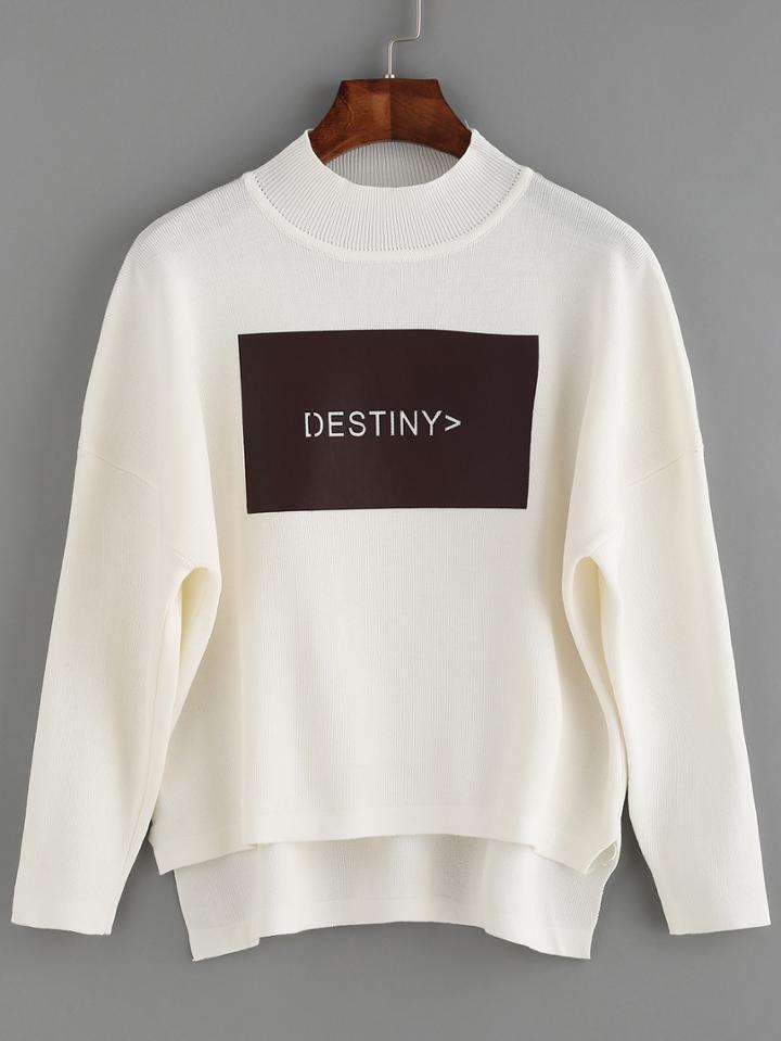 Shein White Letter Patch Dip Hem Sweater