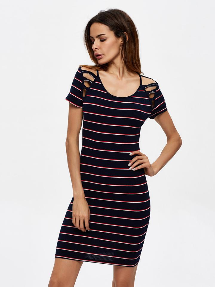 Shein Strappy Detail Striped Knit Bodycon Dress