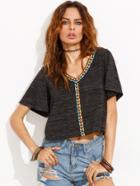 Shein Black Appliques V Neck Short Sleeve Crop T-shirt
