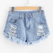 Shein Faux Pearl Beading Raw Hem Ripped Denim Shorts