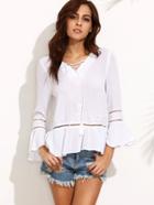 Shein Embroidered Lace Up Front Frill Hem Blouse