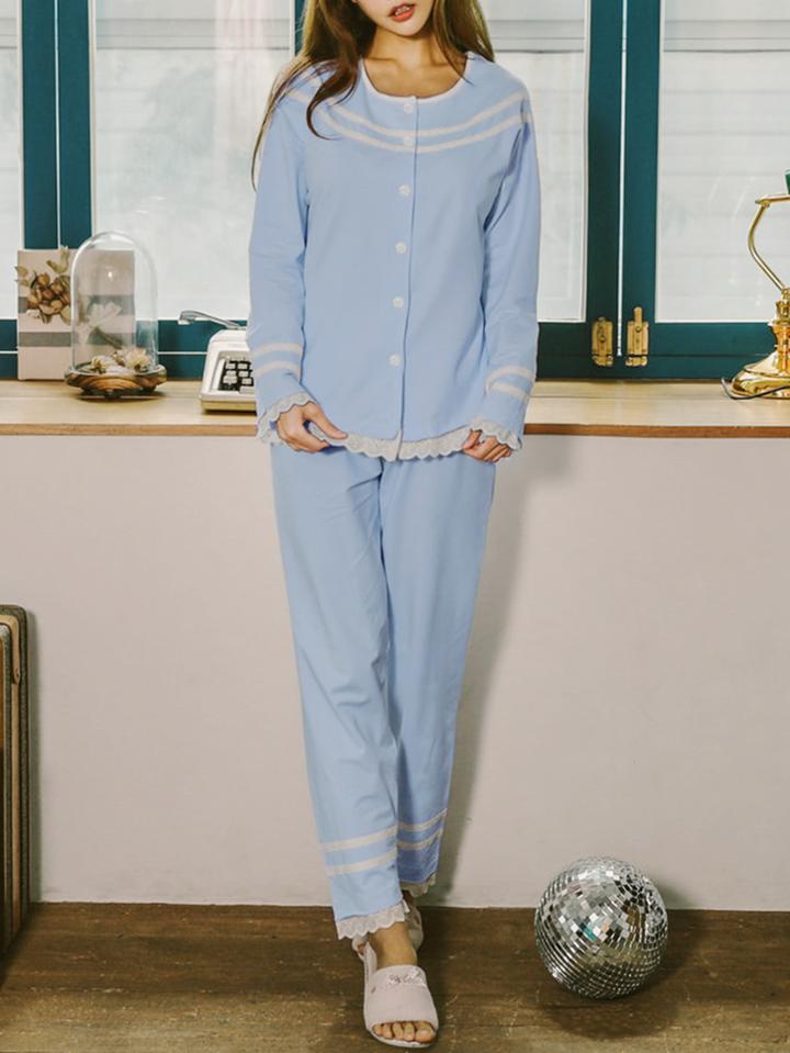 Shein Contrast Striped Lace Trim Shirt & Pants Pj Set