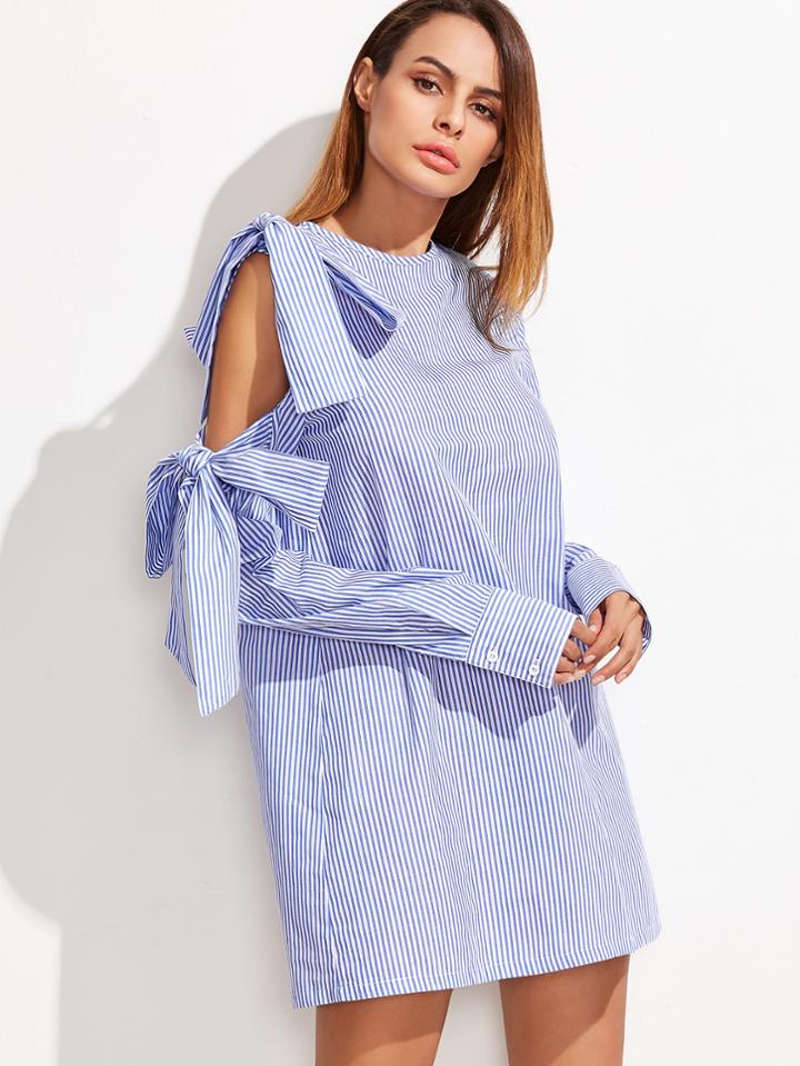 Shein Striped Bow Tie Detailed Open Shoulder Dress