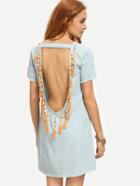 Shein Blue Short Sleeve Open Back Fringed Dress