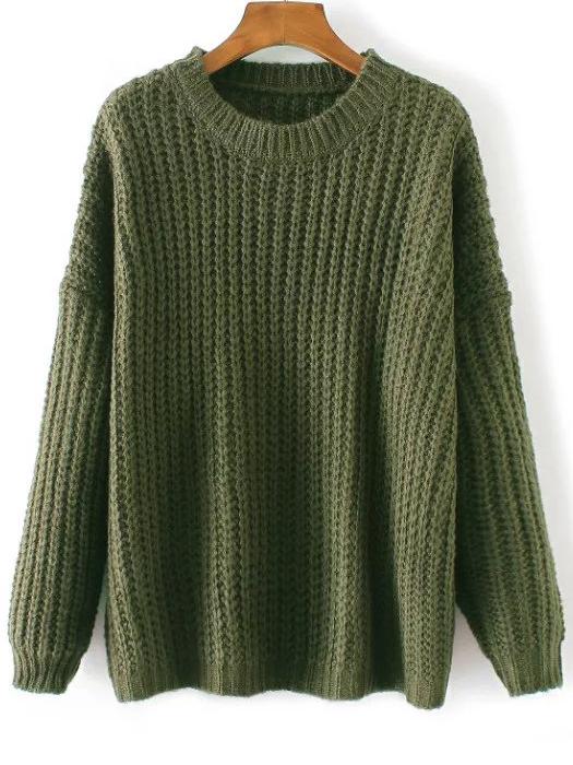 Shein Army Green Round Neck Drop Shoulder Sweater