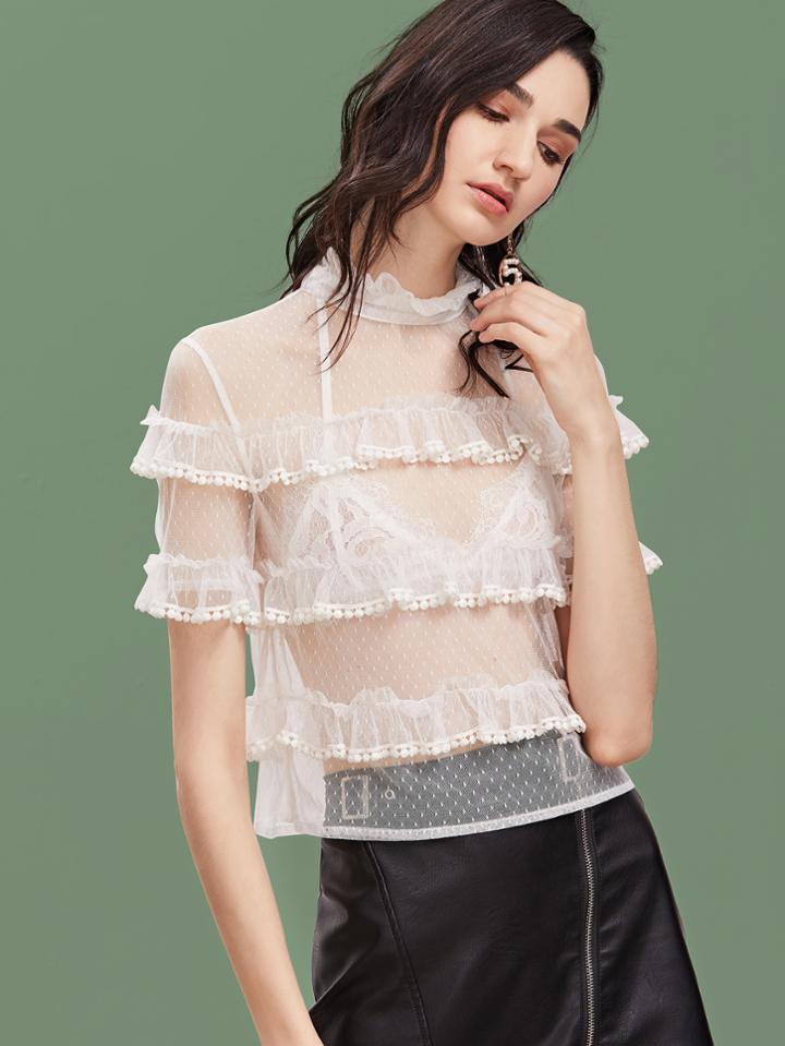 Shein White Ruffle Trim Keyhole Back Dotted Mesh Top