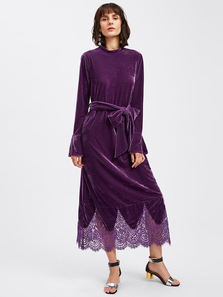 Shein Lace Hem Self Tie Velvet Dress