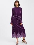 Shein Lace Hem Self Tie Velvet Dress