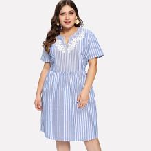 Shein Plus Lace Contrast Striped Smock Dress