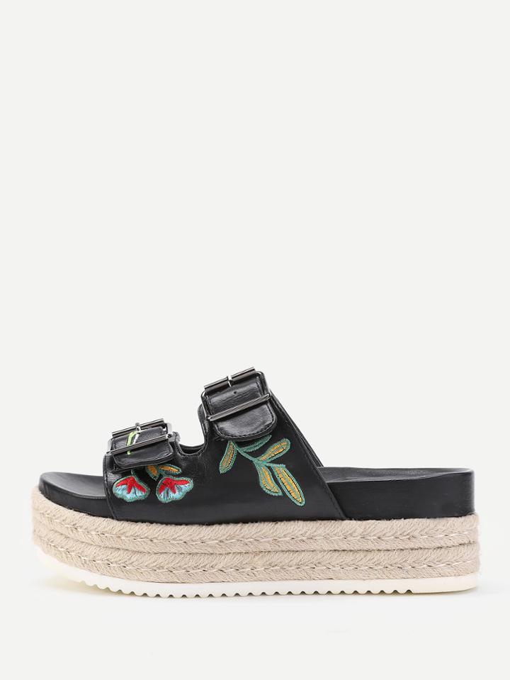 Shein Flowers Embroidery Flatform Pu Sandals