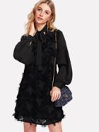 Shein Tie Neck Semi Sheer Sleeve Fringe Dress