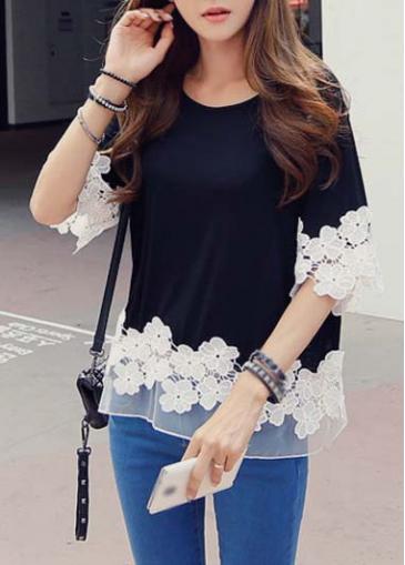 Rosewe Lace Splicing Half Sleeve Black Blouse