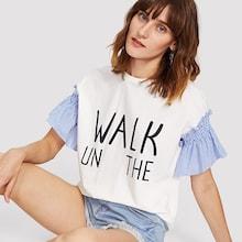 Shein Contrast Cuff Letter Print Tee