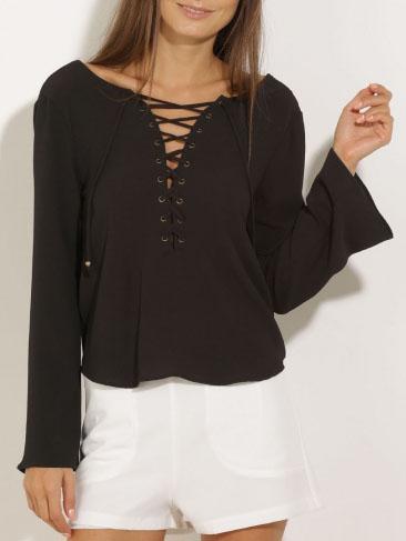 Shein Black Bell Sleeve Open Back Blouse