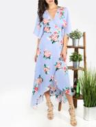Shein Multicolor Floral V Neck Tie Waist Asymmetrical Dress