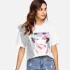 Shein Figure Print Pearls Beaded Tee