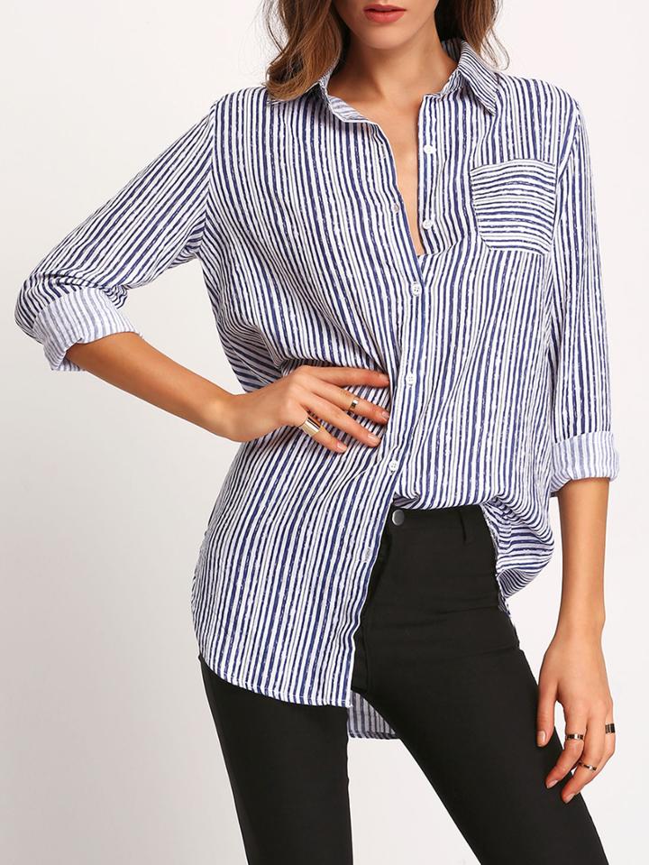 Shein Blue Vertical Stripe Pocket Blouse