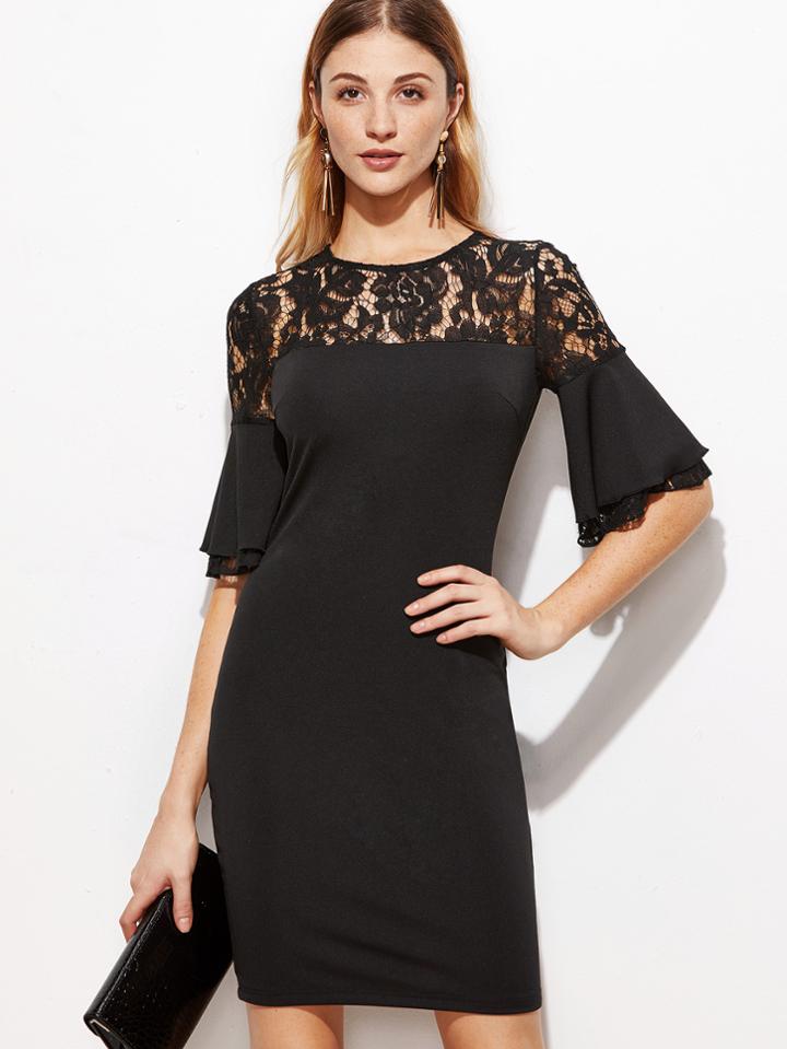 Shein Black Sheer Lace Neck Ruffle Sleeve Bodycon Dress