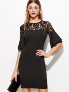 Shein Black Sheer Lace Neck Ruffle Sleeve Bodycon Dress
