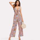 Shein Knot Front Floral Print Striped Jumpsuit