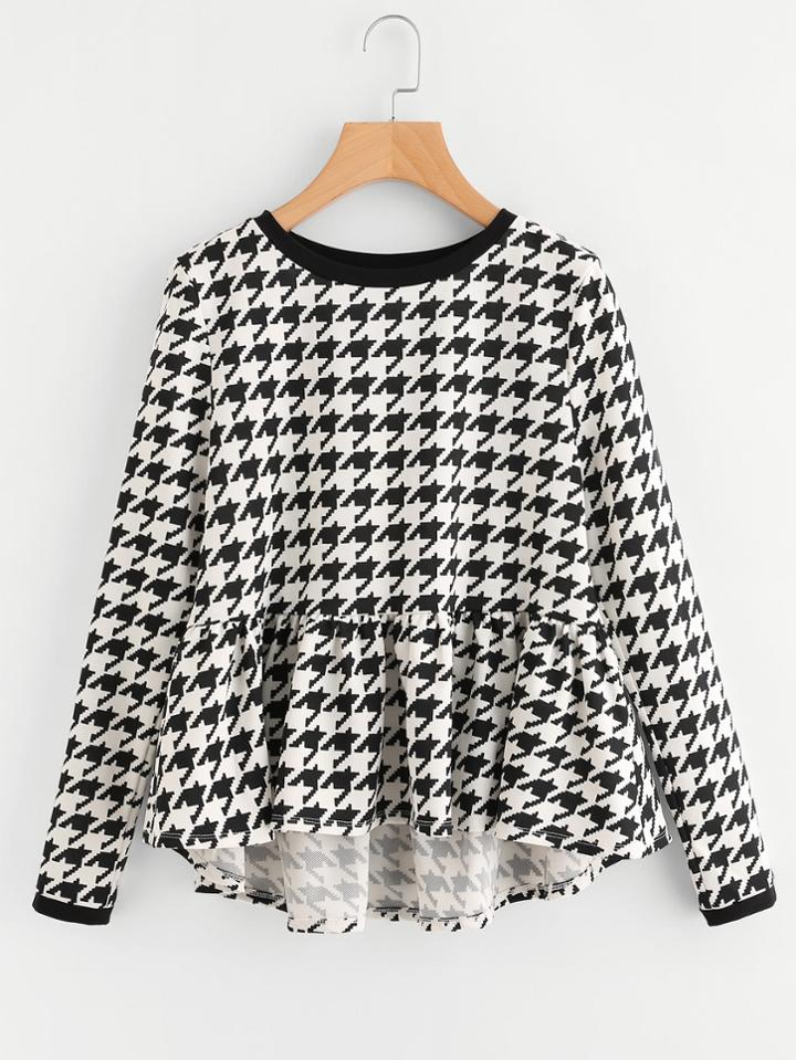 Shein Frilled Dip Hem Houndstooth Top