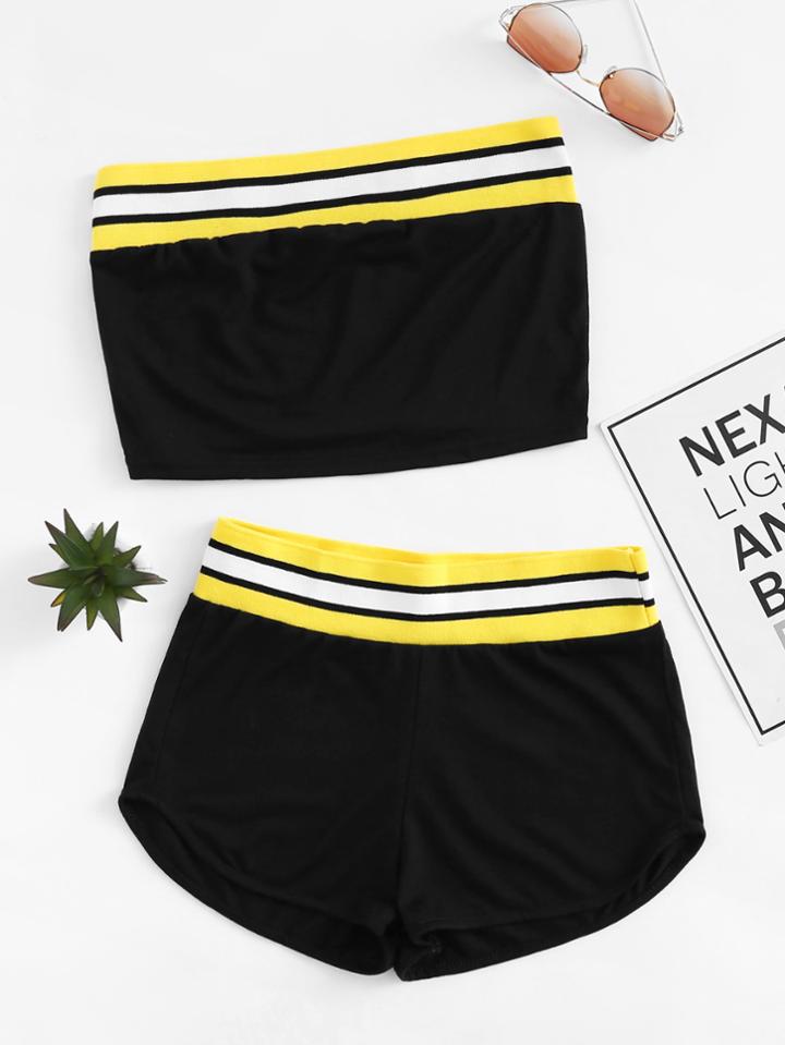 Shein Contrast Stripe Trim Bandeau Top With Dolphin Shorts