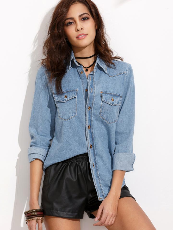 Shein Blue Lapel Pockets Denim Blouse