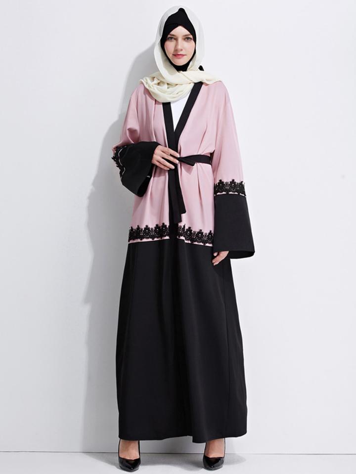 Shein Color Block Contrast Lace Trim Self Tie Longline Abaya