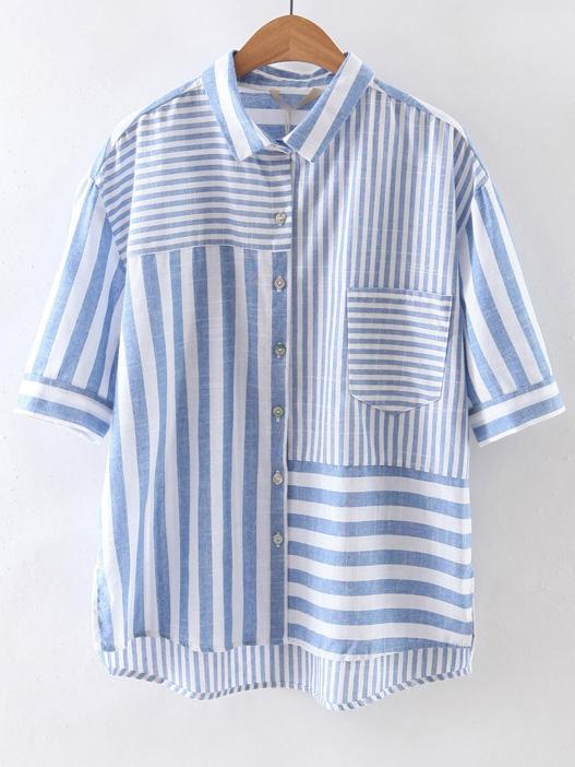 Shein Blue Stripe Lapel Buttons Dipped Hem Blouse