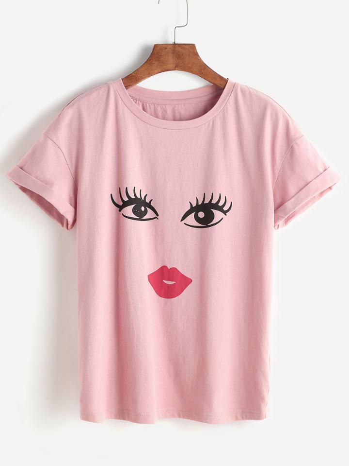 Shein Eye Print Drop Shoulder Rolled Cuff Tee