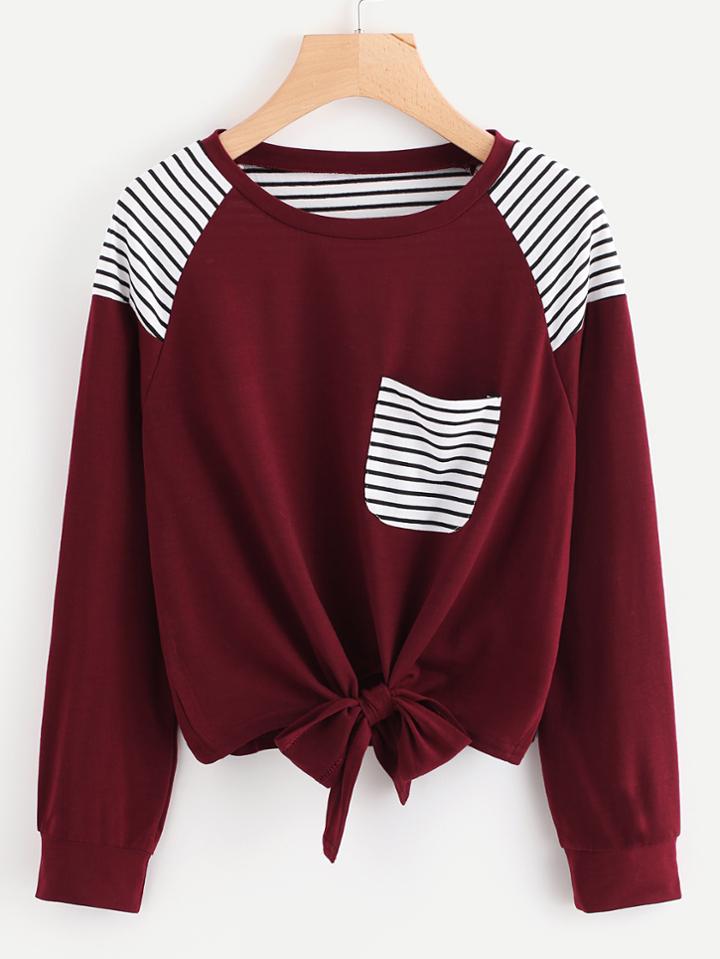 Shein Bow Tie Front Stripe Panel Raglan Sweatshirt