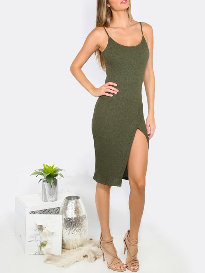 Shein Army Green Spaghetti Strap Split Side Sheath Dress