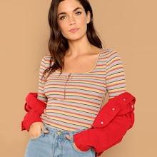 Shein Zip Half Placket Striped Ribbed Tee