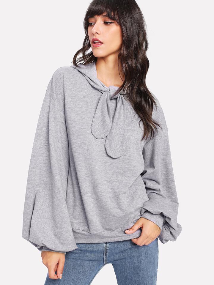 Shein Exaggerated Lantern Sleeve Tied Neck Hoodie