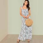 Shein Mixed Print Self Tie Shoulder Shirred Dress
