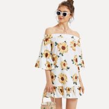 Shein Off Shoulder Floral Print Ruffle Hem Dress