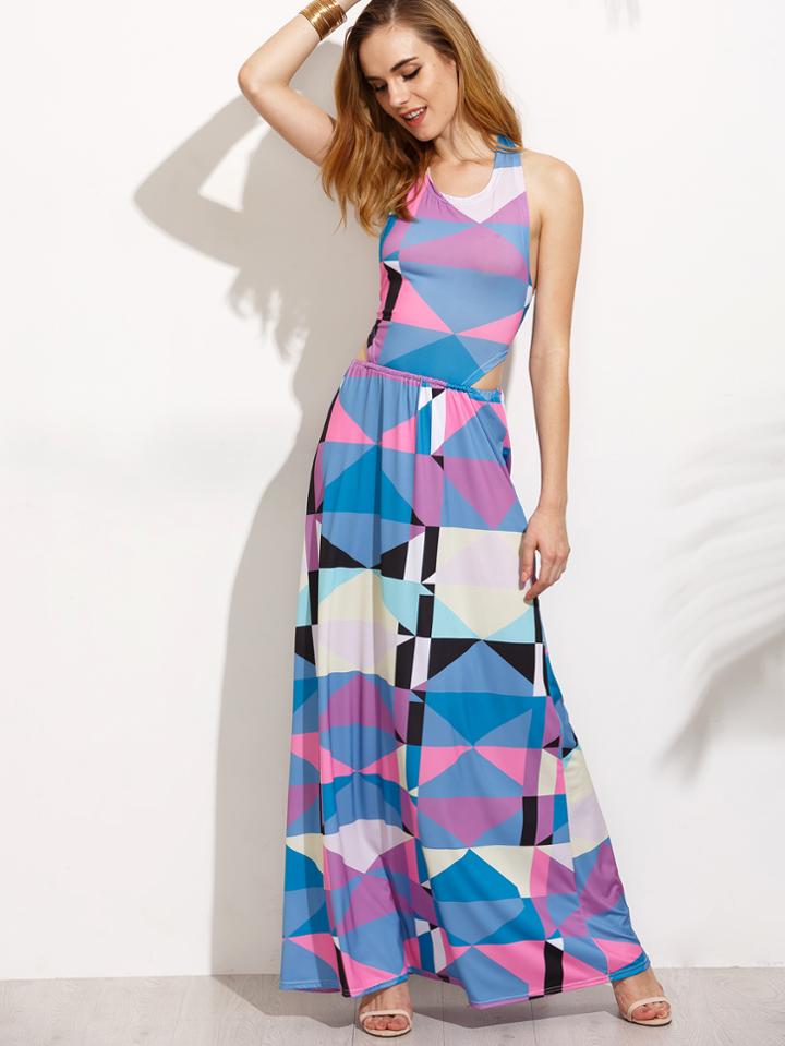 Shein Blue Geometric Print Cutout Tie Back Maxi Dress