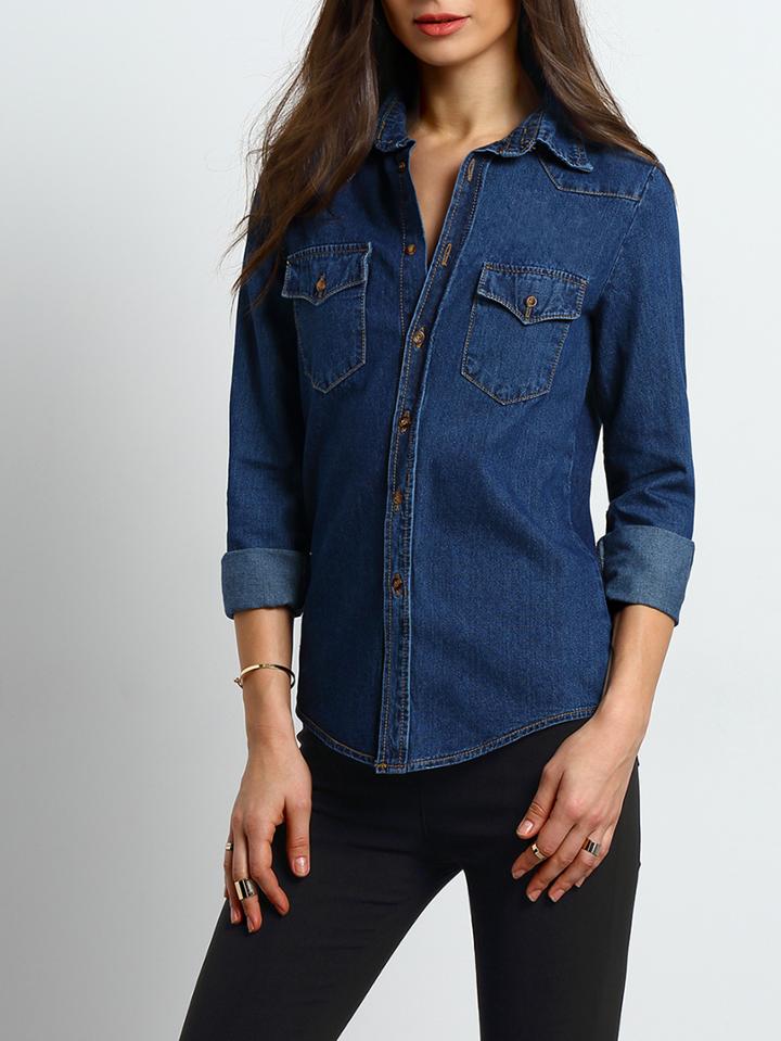 Shein Navy Lapel Long Sleeve Pockets Denim Blouse