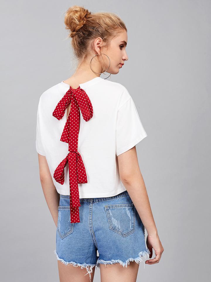 Shein Polka Dot Bow Tie Split Back Crop Top