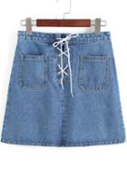 Shein Blue Pockets Bandage Denim Skirt